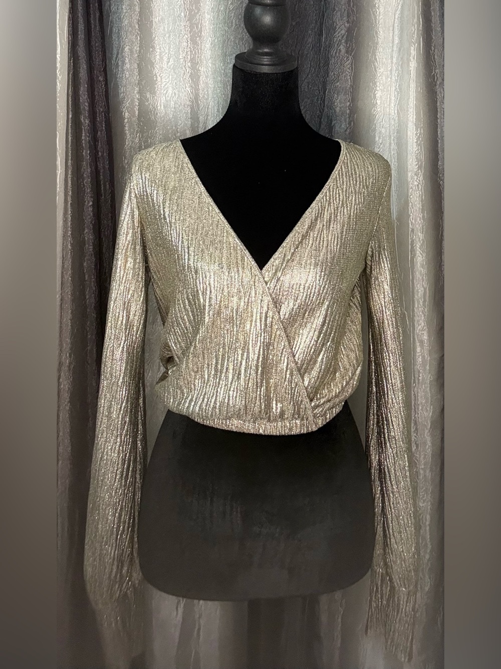 Zara Metallic Gold Long Sleeve Cropped Wrap Top